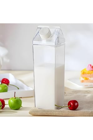 8’li Avantaj Paketi 1000 ml Şeffaf Süt Kutusu Tasarımlı Akrilik Matara - Çok Amaçlı Şişe Seti