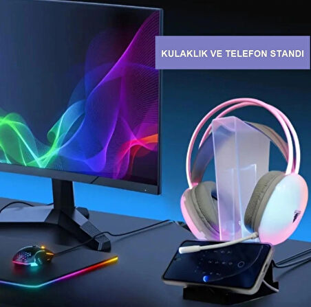 RGB Oyuncu Kulaklığı Standı + Telefon Standı Led Işık Kulaklık ve Telefon Tutucu