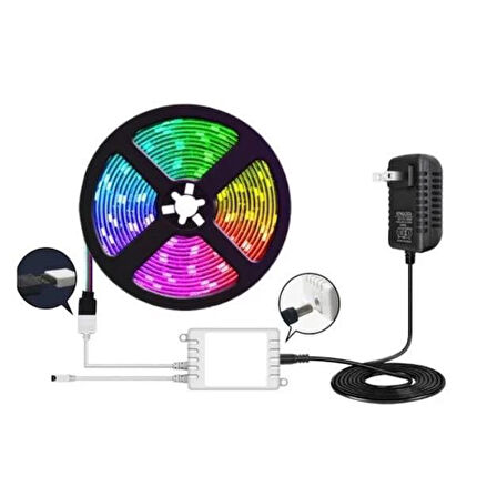 5 Metre Tak Çalıştır Kumandalı, 96 Renk RGB Şerit Led TV Ünitesi, Mutfak Tezgahı, Vitrin, Tavan Ledi