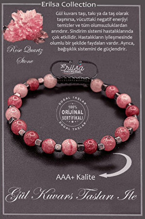 Sertifikalı AAA+ Kalite Gerçek Terahertz - Gül Kuvars Taşı Bileklik (Rose Quartz)