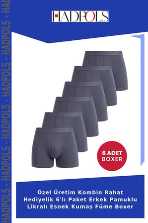 Özel Üretim Kombin Rahat Hediyelik 6'lı Paket Erkek Pamuklu Likralı Esnek Kumaş Füme Boxer