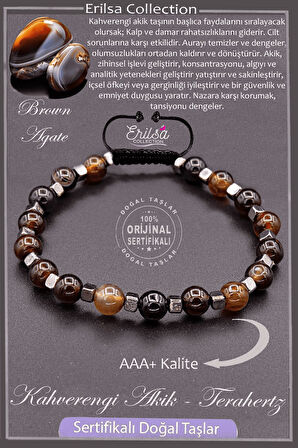 Sertifikalı AAA+ Kalite Gerçek Terahertz - Kahverengi  Akik Taşı Bileklik