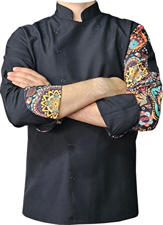 Aşçı Ceketi Desenli Unisex Çıtçıtlı Uzun Kollu Chef Aşçı Mutfak Ceket Mandala Desenli