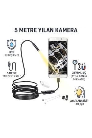 1 Adet Yılan Kamera – 5 Metre Yarı Sert Kablo, IP67 Su Geçirmez Endoskop, Ayarlanabilir LED Işık Ve 3 Uç Aparat (Ayna Kanca Mıknatıs) Inspection Camera