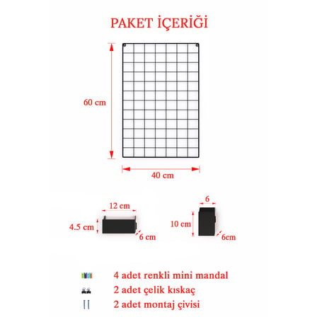 Metal Duvar Panosu Tel Pano Full Aksesuarlı 40x60 Siyah