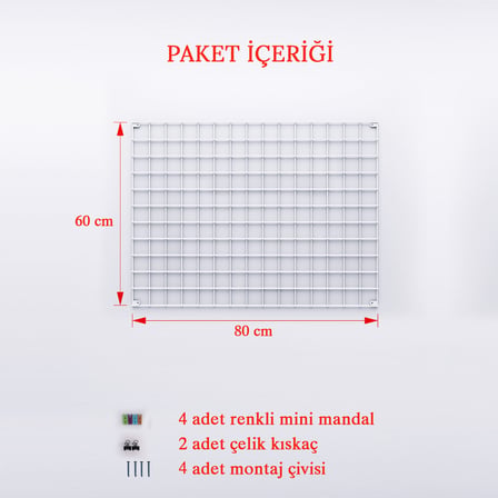 60x80 Tel Pano Beyaz, Metal Fotoğraf Askısı -- iki adet Kıskaç ve dört Adet Mini Mandal Hediyeli