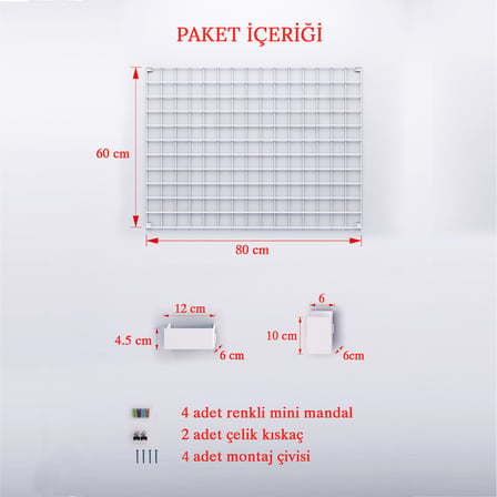 60x80 Full Aksesuarlı Metal Fotoğraf Askısı Tel Pano Beyaz