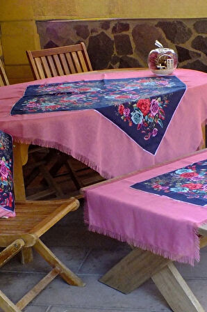 Pembe Lacivert El Yapımı Masa Örtüsü Seti (Yazma; 2 Adet Kırlent Kılıfı; Runner)