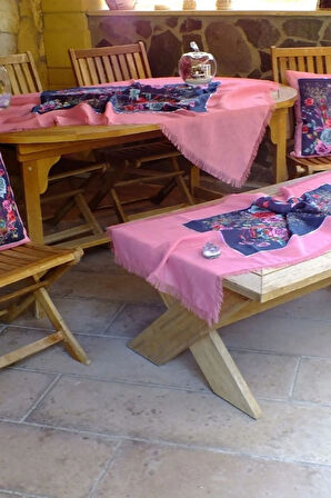 Pembe Lacivert El Yapımı Masa Örtüsü Seti (Yazma; 2 Adet Kırlent Kılıfı; Runner)