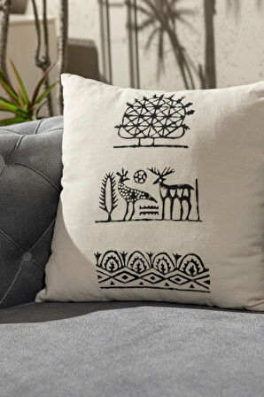 Hitit Desen El Baskısı Kırlent Kılıfı 2 Li Set 45x45 Cm %100 Organik Hambez Kumaş