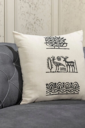 Hitit Desen El Baskısı Kırlent Kılıfı 2 Li Set 45x45 Cm %100 Organik Hambez Kumaş