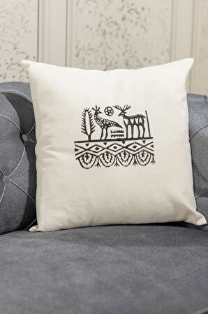 Etnik Hitit Desen El Baskısı Kırlent Kılıfı 2 Li 45x45 Cm %100 Organik Hambez Kumaş