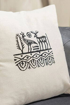 Etnik Hitit Desen El Baskısı Kırlent Kılıfı 2 Li 45x45 Cm %100 Organik Hambez Kumaş