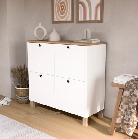 Robin Home Alaska Ayakkabılık Çok Amaçlı Dolap 4 Kapaklı Ahşap Ayaklı Sepet-Beyaz
