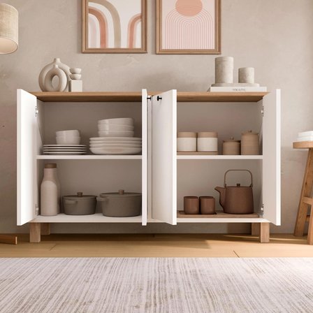 Robin Home Alaska Konsol 4 Kapaklı Ahşap Ayaklı 120cm Sepet-Beyaz
