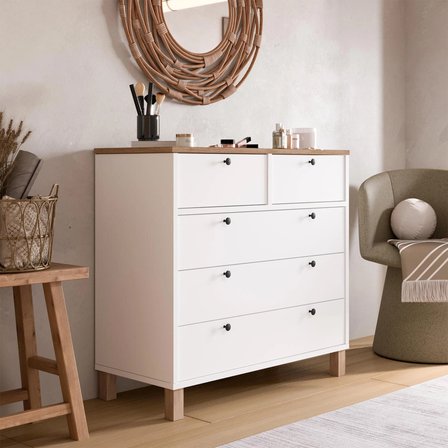 Robin Home Alaska Şifonyer 5 Çekmece Ahşap Ayaklı Sepet-Beyaz 