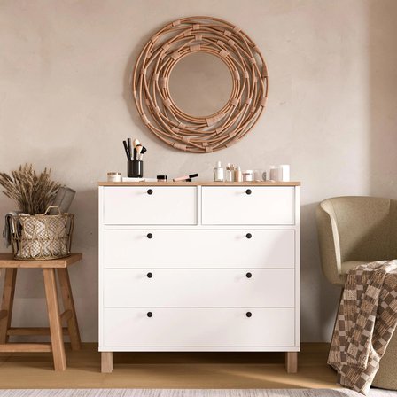 Robin Home Alaska Şifonyer 5 Çekmece Ahşap Ayaklı Sepet-Beyaz 