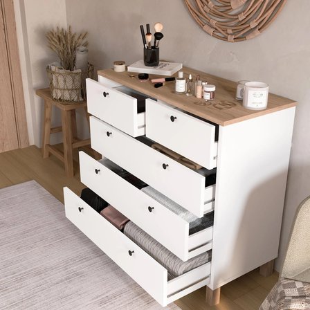 Robin Home Alaska Şifonyer 5 Çekmece Ahşap Ayaklı Sepet-Beyaz 