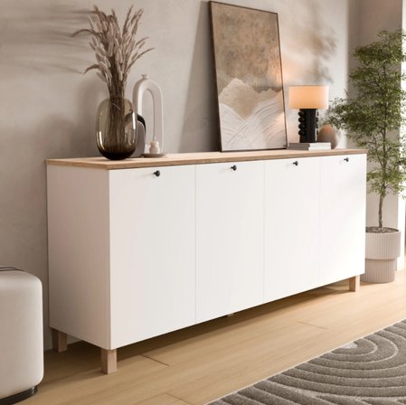 Robin Home Alaska Konsol 4 Kapaklı Ahşap Ayaklı 180cm Sepet-Beyaz 
