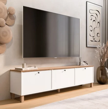 Robin Home Alaska Tv Ünitesi Sehpası 3 Kapaklı Ahşap Ayaklı 180cm Sepet-Beyaz