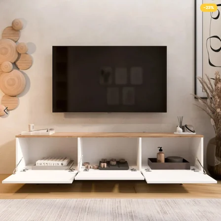 Robin Home Alaska Tv Ünitesi Sehpası 3 Kapaklı Ahşap Ayaklı 180cm Sepet-Beyaz