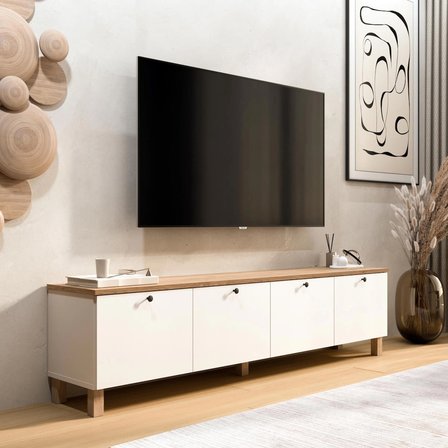 Robin Home Alaska Tv Ünitesi Sehpası 4 Kapaklı Ahşap Ayaklı 180cm Sepet-Beyaz