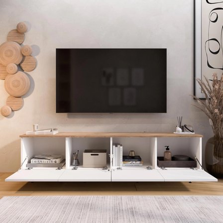 Robin Home Alaska Tv Ünitesi Sehpası 4 Kapaklı Ahşap Ayaklı 180cm Sepet-Beyaz