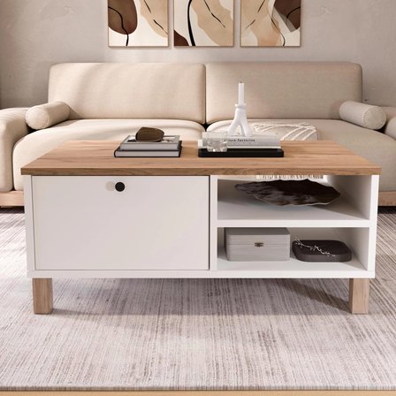 Robin Home Alaska Orta Sehpa Ahşap Ayaklı Kapaklı Sepet-Beyaz