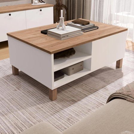 Robin Home Alaska Orta Sehpa Ahşap Ayaklı Kapaklı Sepet-Beyaz