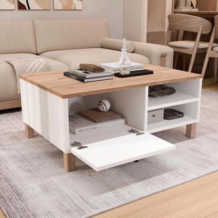 Robin Home Alaska Orta Sehpa Ahşap Ayaklı Kapaklı Sepet-Beyaz