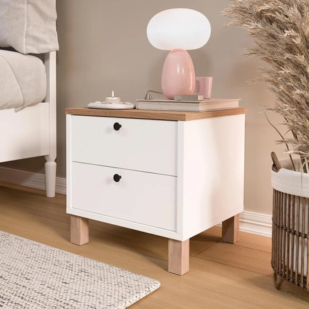 Robin Home Alaska Komodin 2 Çekmeceli Ahşap Ayaklı Sepet-Beyaz