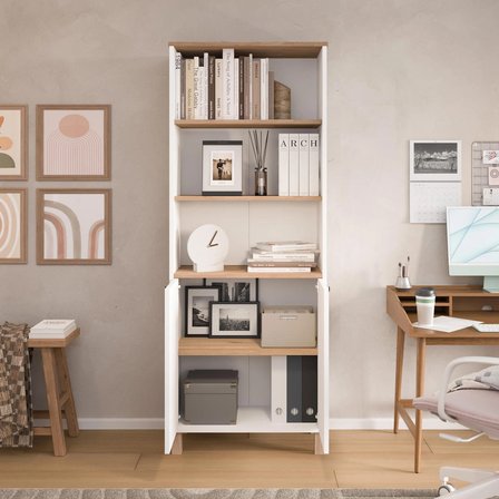 Robin Home Alaska Kitaplık Raf Ahşap Ayaklı 180cm Kapaklı Sepet-Beyaz-Jüt