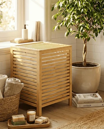 Bambu Kirli Banyo Çamaşır Sepeti İki Bölmeli Dekoratif Kare Doğal Bambu 45*45*63cm
