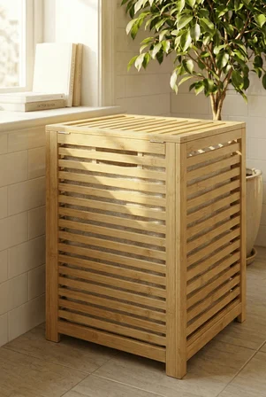 Bambu Kirli Banyo Çamaşır Sepeti İki Bölmeli Dekoratif Kare Doğal Bambu 45*45*63cm