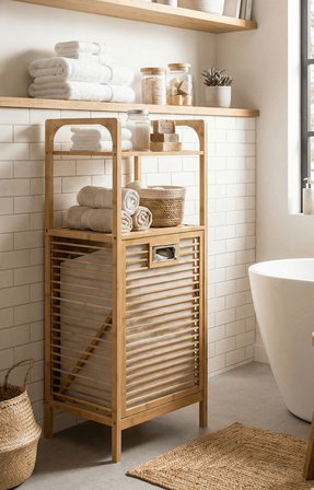 Doğal Bambu Kirli Sepetli 2 Raflı Çok Amaçlı Banyo Düzenleyici Çamaşır Sepeti Organizer