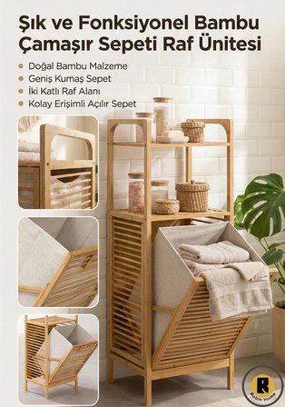 Doğal Bambu Kirli Sepetli 2 Raflı Çok Amaçlı Banyo Düzenleyici Çamaşır Sepeti Organizer