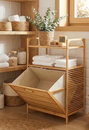Bambu Kirli Sepetli 2 Raflı Çok Amaçlı Banyo Düzenleyici Çamaşır Sepeti Organizer 64*40*95cm