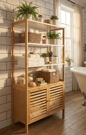 Bambu Çok Amaçlı Raflı Banyo Düzenleyici 2 Kapaklı Dolap Beyaz-Bambu