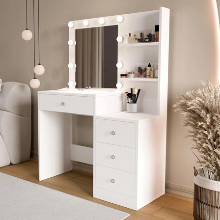 Robin Home Hollywood Makyaj Masası 4 Çekmeceli Düzenleyici Hollywood Led Işıklı Raflı Beyaz