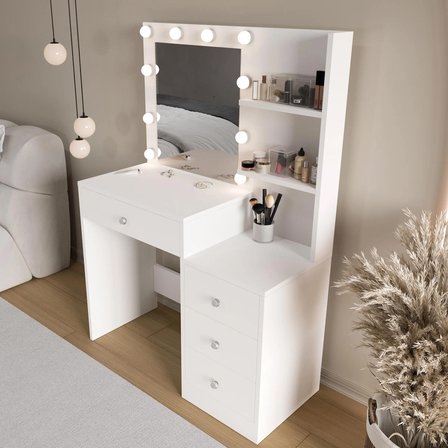 Robin Home Hollywood Makyaj Masası 4 Çekmeceli Düzenleyici Hollywood Led Işıklı Raflı Beyaz