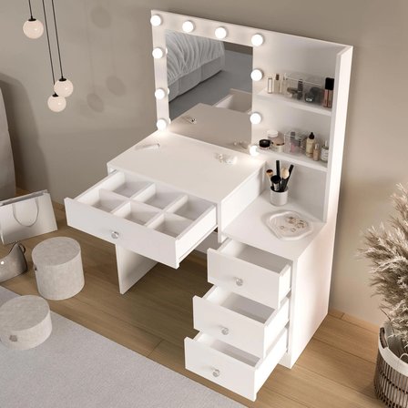 Robin Home Hollywood Makyaj Masası 4 Çekmeceli Düzenleyici Hollywood Led Işıklı Raflı Beyaz