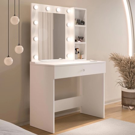 Robin Home Hollywood Makyaj Masası Çekmeceli Düzenleyici Hollywood Led Işıklı Raflı Beyaz 