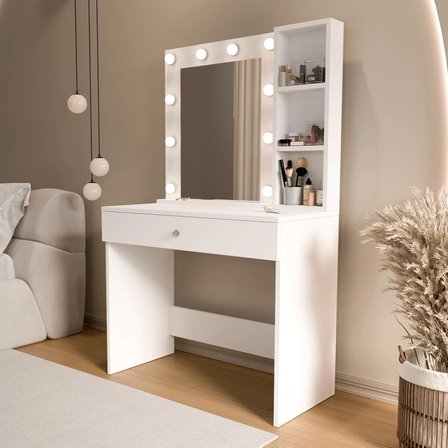 Robin Home Hollywood Makyaj Masası Çekmeceli Düzenleyici Hollywood Led Işıklı Raflı Beyaz 