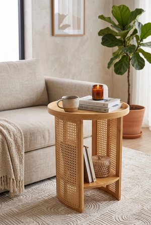 Robin Home Doğal Bambu Rattan Yan Sehpa Tepsili Yuvarlak Dekoratif Sehpa