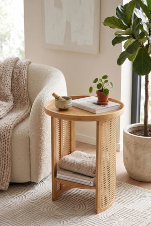 Robin Home Doğal Bambu Rattan Yan Sehpa Tepsili Yuvarlak Dekoratif Sehpa