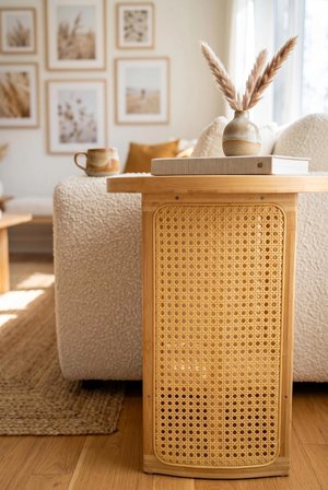 Robin Home Doğal Bambu Rattan Yan Sehpa Tepsili Yuvarlak Dekoratif Sehpa