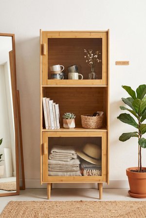 Robin Home Doğal Bambu Çok Amaçlı Dolap Kitaplık 2 Kapaklı Büfe Vitrin Mutfak Dolabı Ahşap Ayaklı 