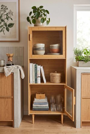Robin Home Doğal Bambu Çok Amaçlı Dolap Kitaplık 2 Kapaklı Büfe Vitrin Mutfak Dolabı Ahşap Ayaklı 