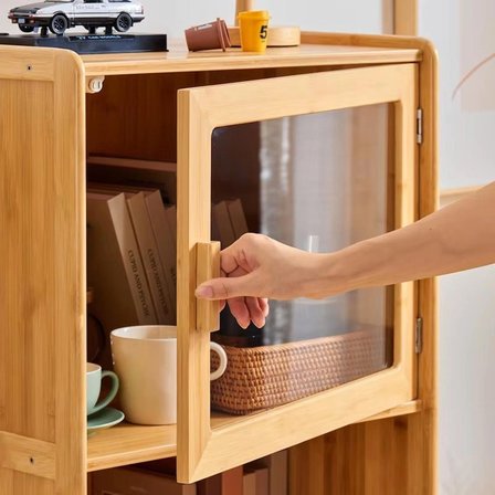 Robin Home Doğal Bambu Çok Amaçlı Dolap Kitaplık 2 Kapaklı Büfe Vitrin Mutfak Dolabı Ahşap Ayaklı 