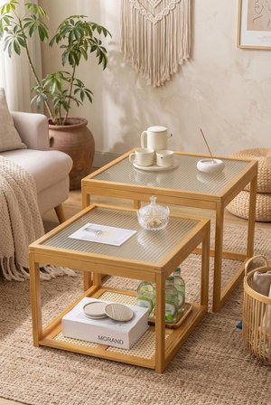 Robin Home Modern Doğal Bambu 2'Li Kare Orta Sehpa Seti Temperli Camlı Ve Yapay Rattan Alt Raflı Zigon